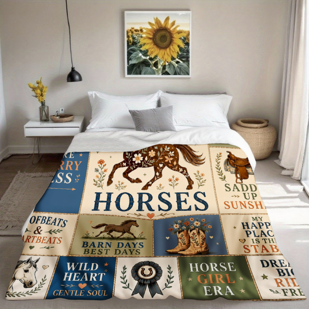Farmhouse Horse Lover Patchwork Throw Blanket, Western Floral Equestrian Soft Flannel Blanket