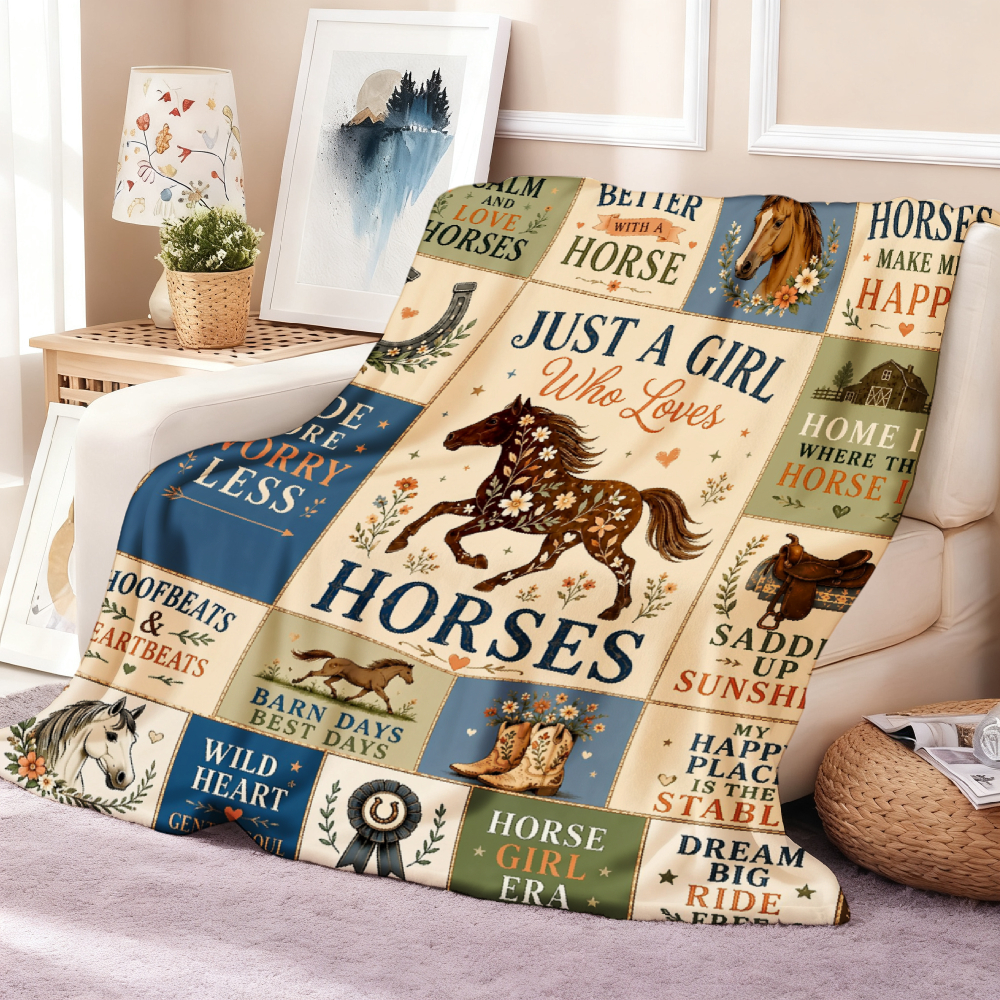 Farmhouse Horse Lover Patchwork Throw Blanket, Western Floral Equestrian Soft Flannel Blanket