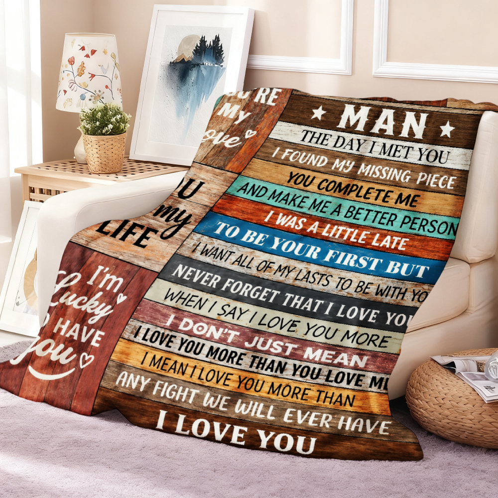 To My Man Romantic Wood Grain Quote Throw Blanket, Rustic Love Message Soft Flannel Blanket