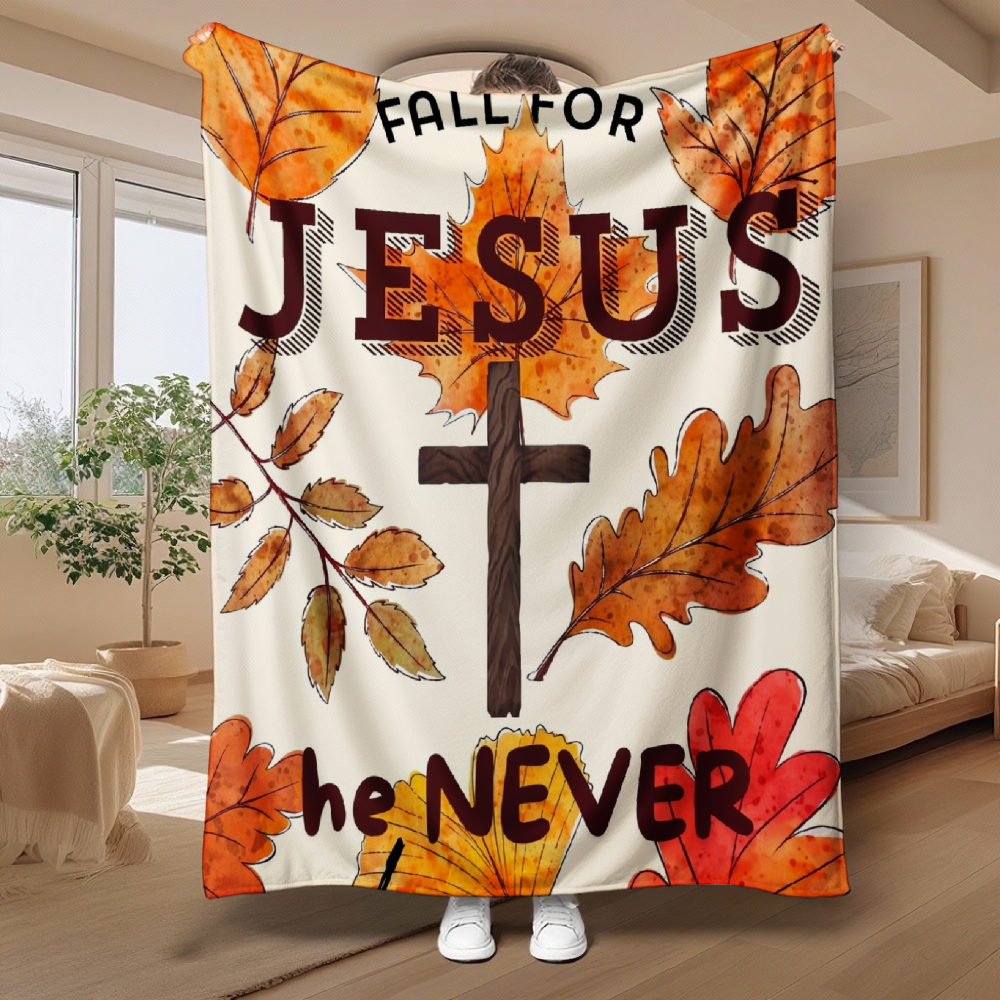 Fall For Jesus Autumn Leaf Throw Blanket, Cross Faith Themed Soft Flannel Blanket