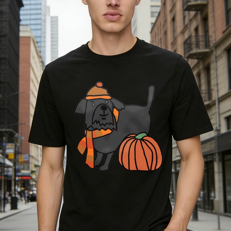 Cute Black Dog Wearing Orange Hat And Scarf With Pumpkin Autumn Halloween Graphic T-shirt