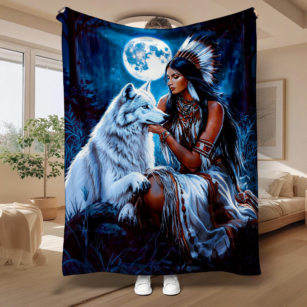 Moonlit Woman & White Wolf Art Throw Blanket