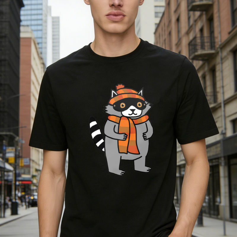 Cute Cartoon Raccoon Wearing Orange Hat And Scarf T-shirt
