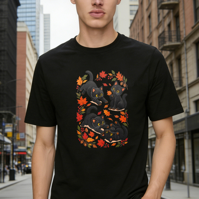 Cute Black Cats With Autumn Maple Leaves Floral Pattern T-shirt