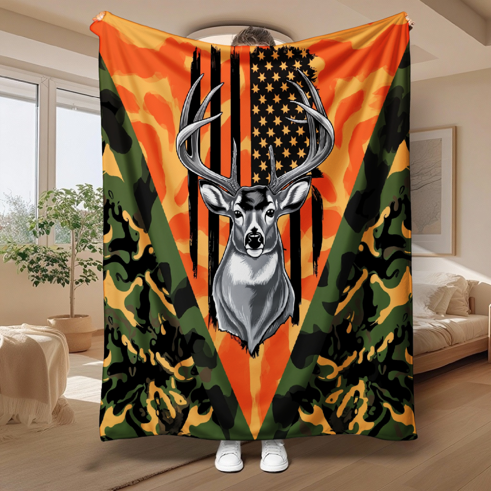 Deer & American Flag Camo Throw Blanket – Orange & Green