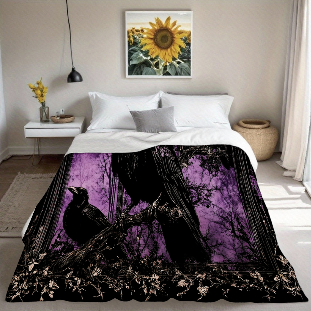 Gothic Crow Throw Blanket, Purple Dark Forest Floral Arch Frame Soft Flannel Blanket