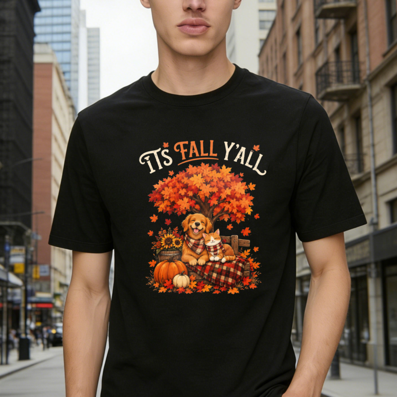 Its Fall Yall Golden Retriever Cat Autumn Tree Pumpkins Plaid Blanket T-shirt