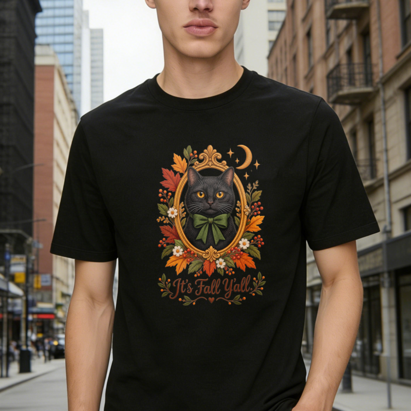 Black Cat With Green Bow Tie In Vintage Oval Frame With Autumn Leaves Flowers Moon And Its Fall Yall Text T-shirt