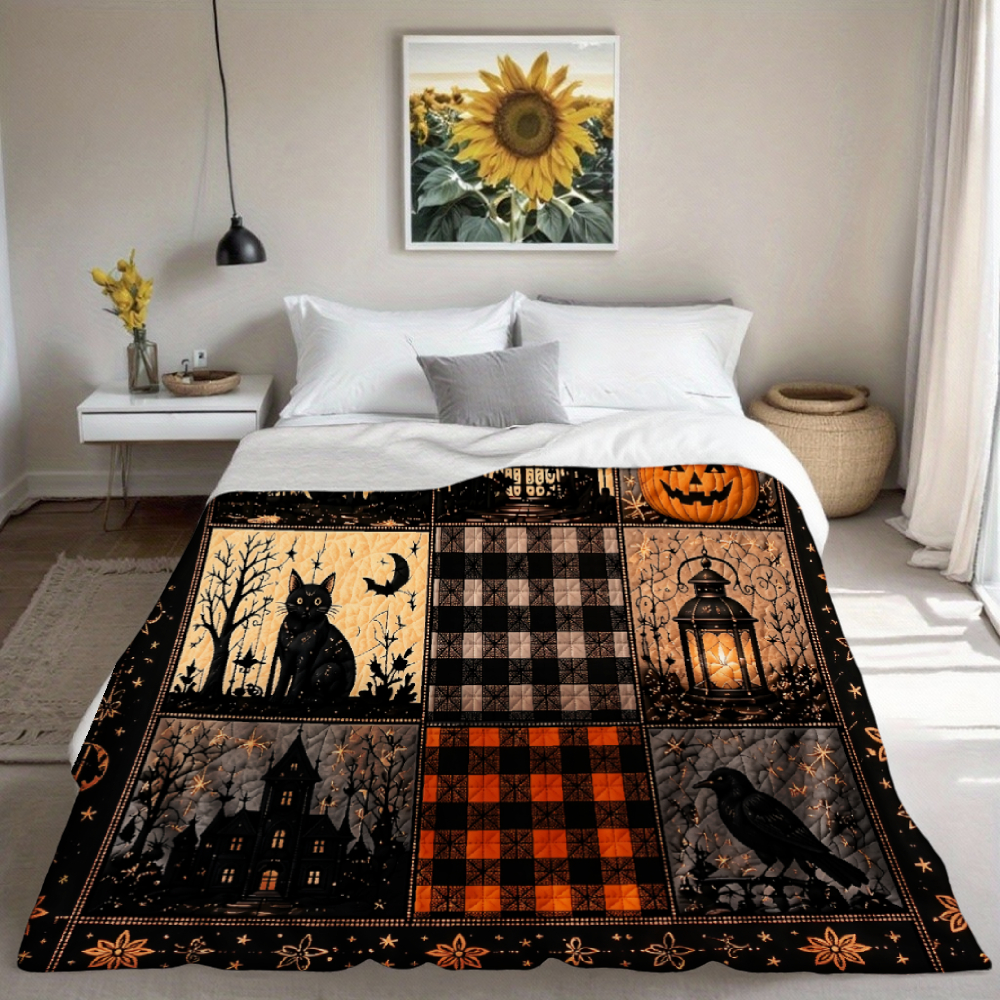 Halloween Patchwork Throw Blanket, Black Cat Pumpkin Haunted House Flannel Blanket