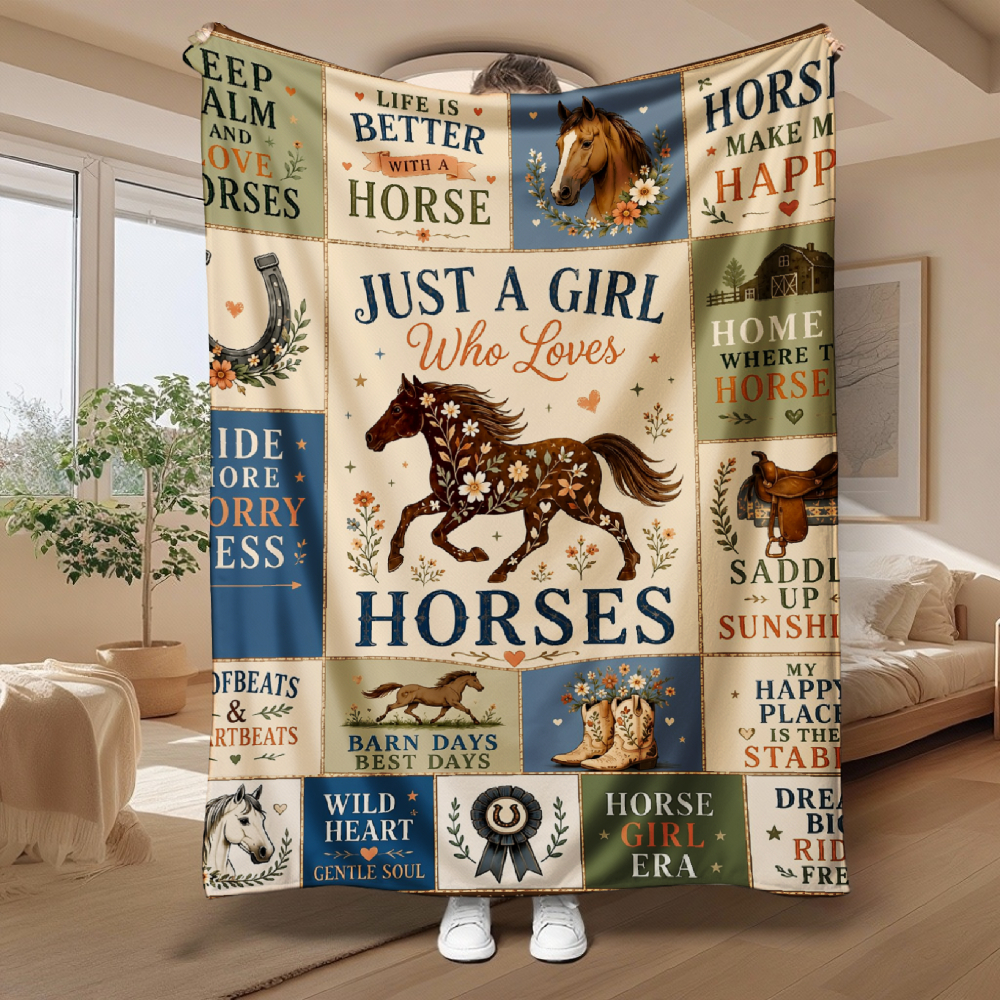 Farmhouse Horse Lover Patchwork Throw Blanket, Western Floral Equestrian Soft Flannel Blanket