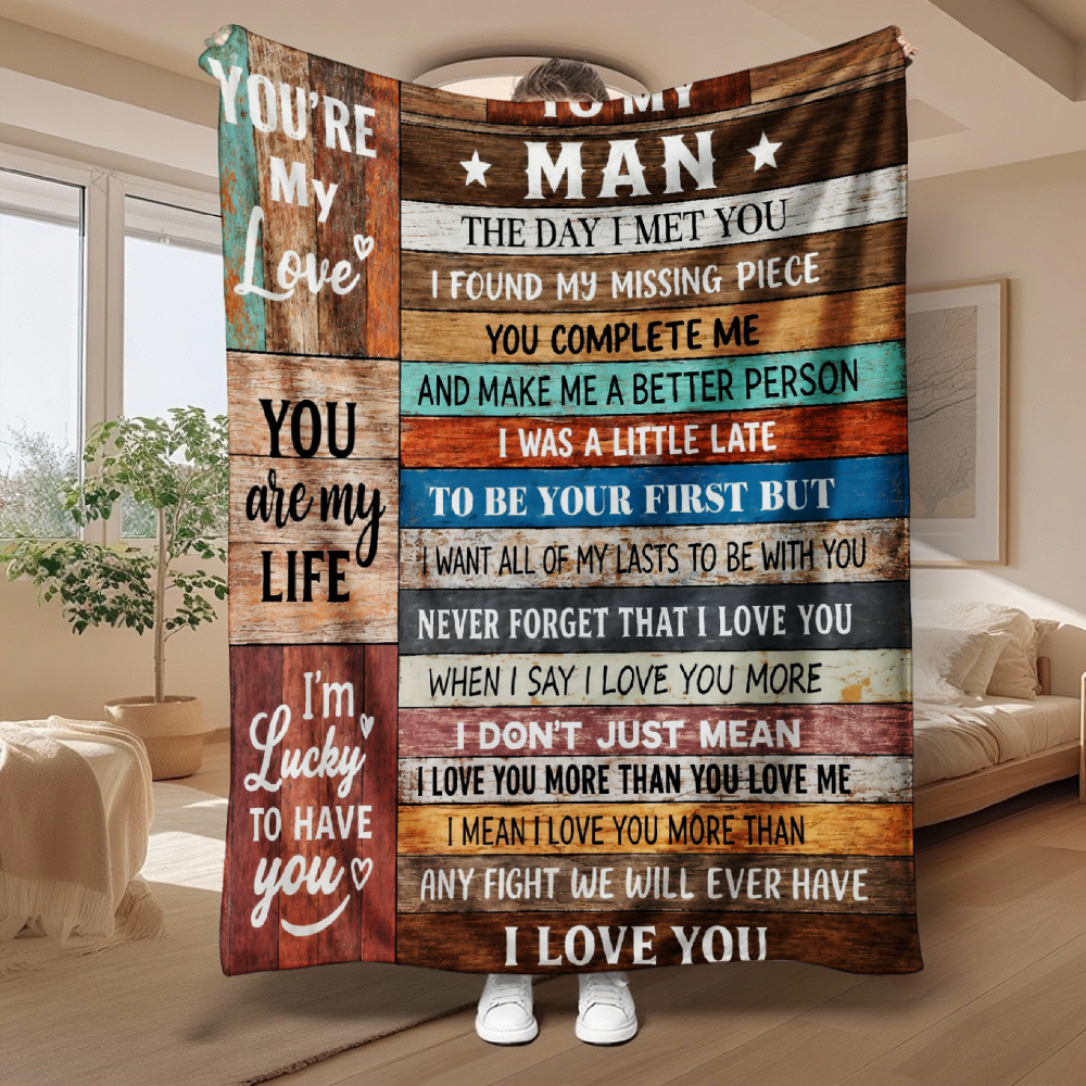To My Man Romantic Wood Grain Quote Throw Blanket, Rustic Love Message Soft Flannel Blanket
