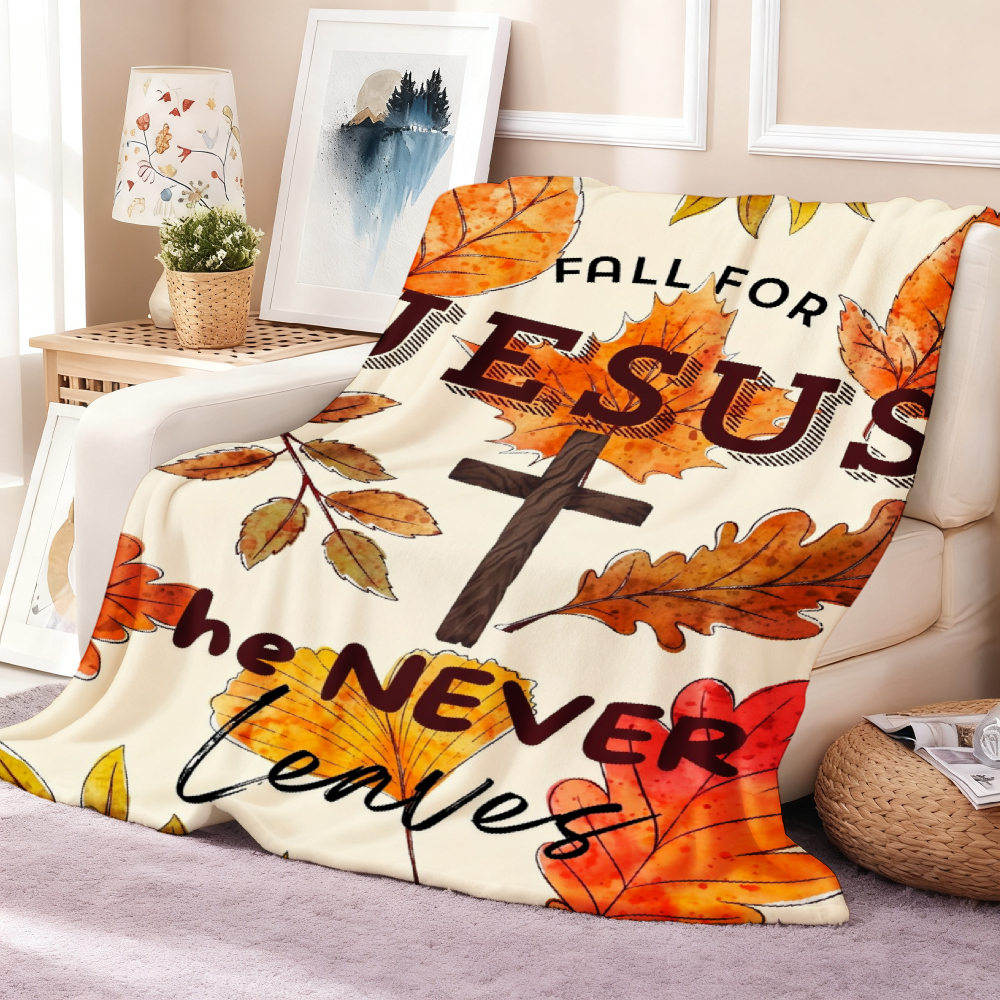 Fall For Jesus Autumn Leaf Throw Blanket, Cross Faith Themed Soft Flannel Blanket