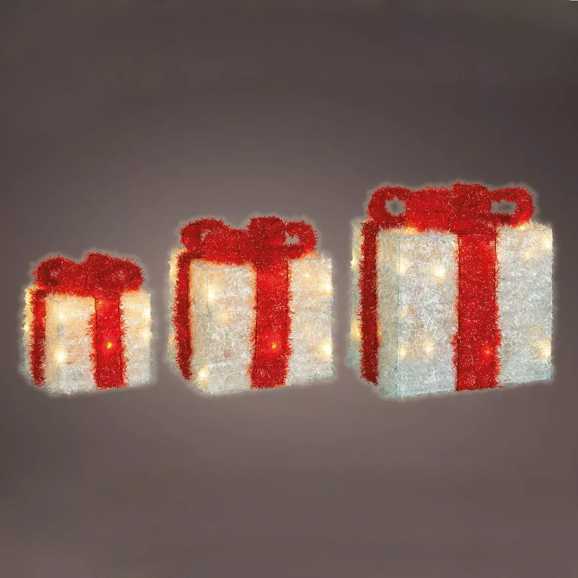 Lot de 3 cadeaux lumineux à piles 65 LED (H30 cm) Ruban Rouge et Blanc chaud