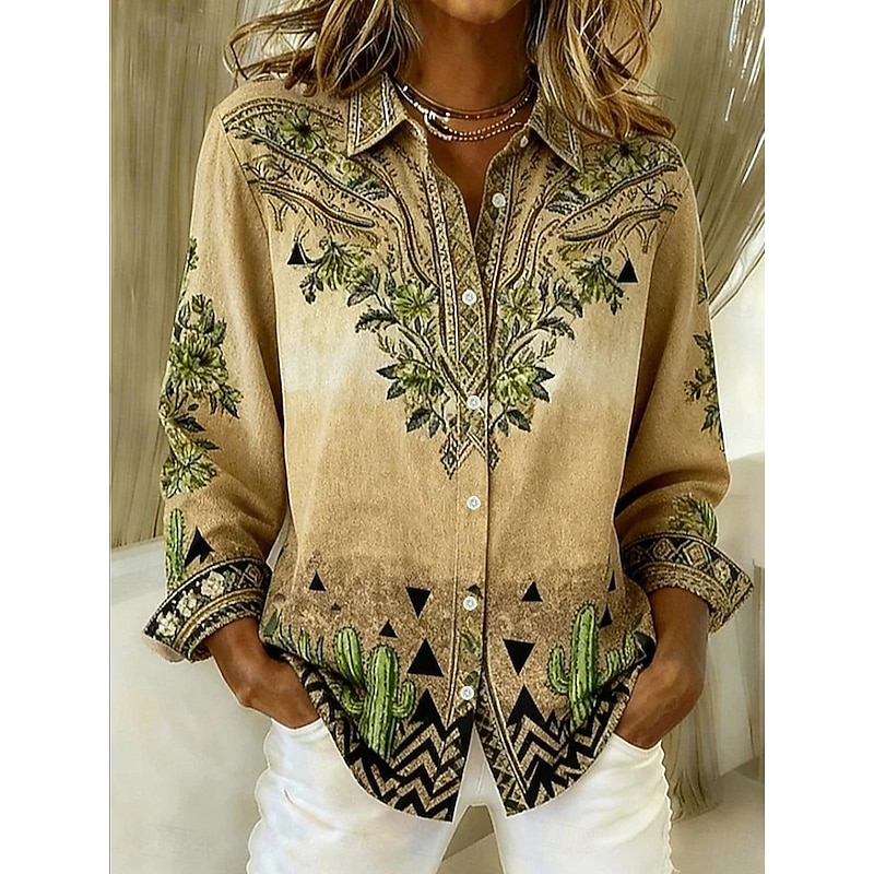 Women's Shirt Blouse Patchwork Buttons Print Graphic Geometric Paisley Vintage Stylish Modern Long Sleeve Shirt Collar Long Tops Casual Daily Khaki Sp
