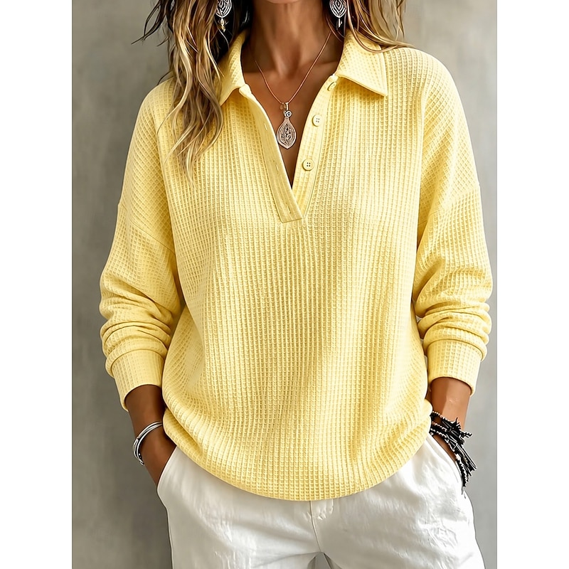 Women's Waffle Shirt Waffle Polo Shirts Texture Vacation Fashion Daily Long Sleeve Long Tops Casual Daily Streetwear Blue Yellow Red Spring Fall 2026