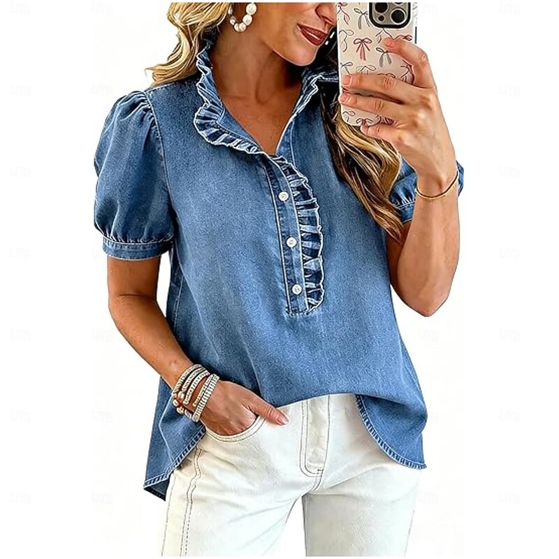 Women's Blouse Solid Color Stylish Basic Casual Short Sleeve Stand Collar Long Tops Casual Daily Blue Black Dark Blue Gray Summer Spring 2026 - $36.99