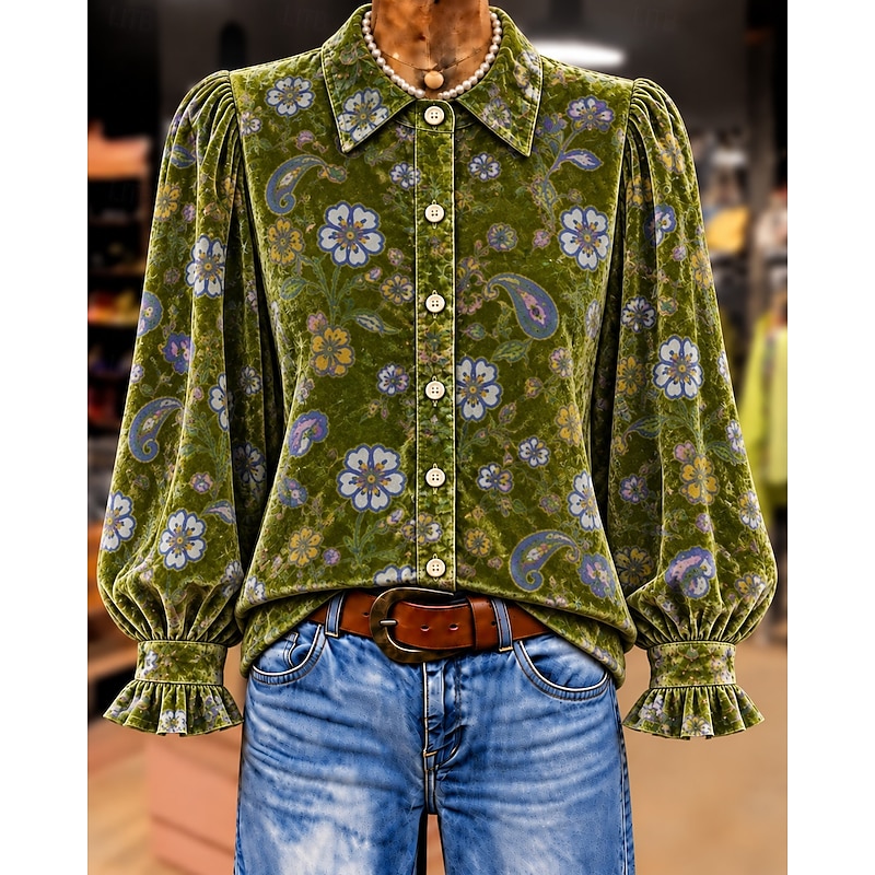 Women's Velvet Shirt Floral Graphic Elegant Vintage Fashion Long Sleeve Shirt Collar Regular Tops Casual Daily Streetwear Blue Yellow Red Green Spring
