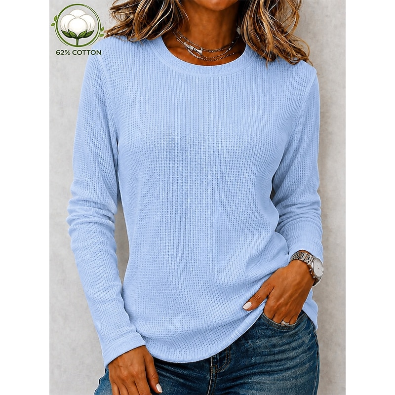 Women's Waffle Shirt Blouse Knit Shirts Texture Solid Color Fashion Stylish Basic Long Sleeve Crew Neck Collar Regular Tops Casual Daily Halloween Goi