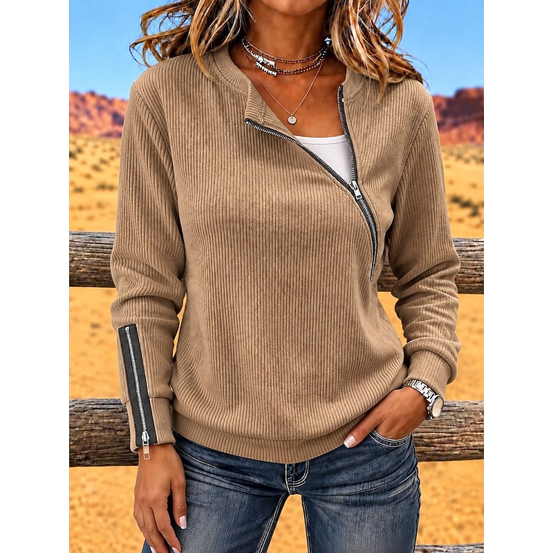 Women's Corduroy Tops Pullover Sweatshirt Half Zip Casual Long Sleeve Round Neck Regular Tops Casual Work Street Blue White Red Khaki Gray Fall Winter