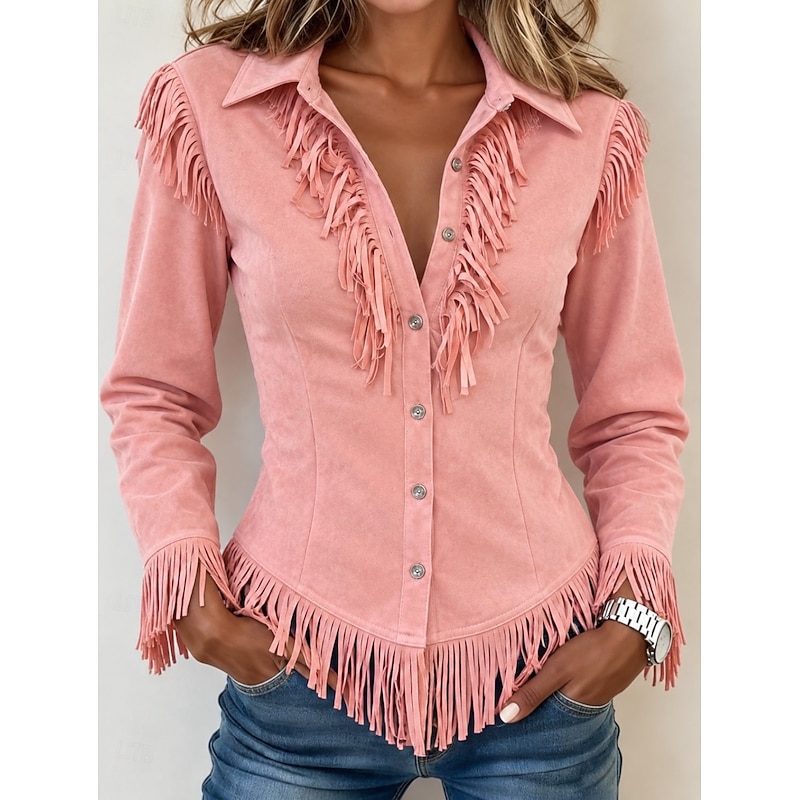Women's Shirt Blouse Patchwork Buttons Fringe Plain Bohemia Stylish Western Long Sleeve Shirt Collar Regular Tops Casual Daily Holiday White Black Pin