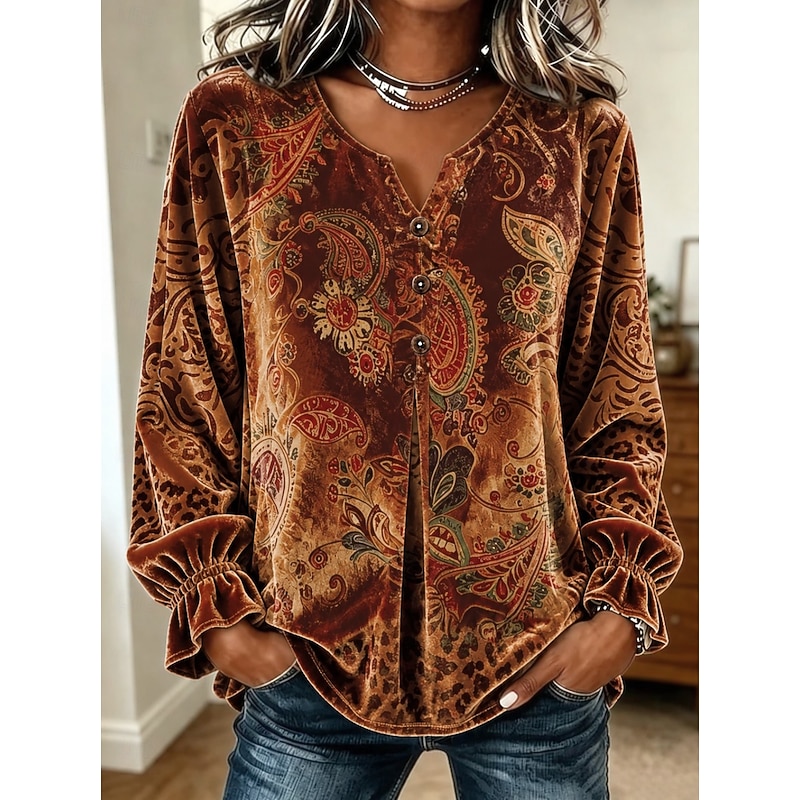 Women's Velvet Tunic Ruffle Print Graphic Paisley Elegant Vintage Fashion Long Sleeve V Neck Long Tops Casual Daily Going out Blue Pink Brown Fall Win