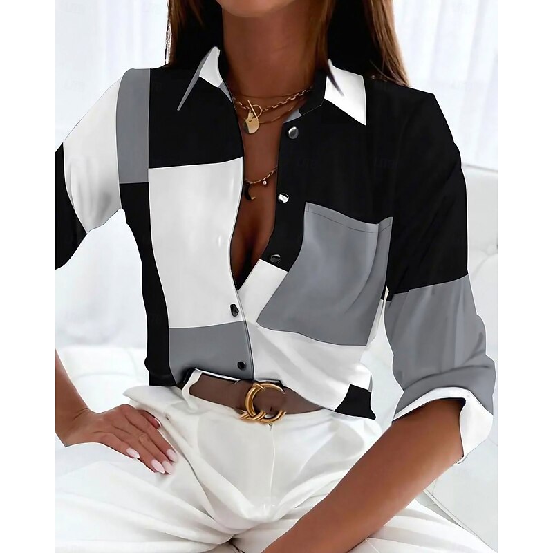 Women's Shirt Long Sleeve Button Down Blouse Basic Color Block Buttons Print Regular Tops Shirt Collar Casual Black Spring Fall 2026 - $37.99