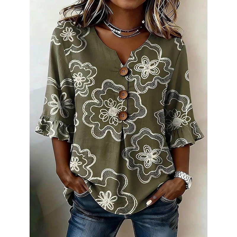 Women's Shirt Boho Shirt Casual Shirt Floral Graphic Elegant Bohemia Active 3/4 Length Sleeve V Neck Long Tops Casual White Pattern Sage Green Dark Gr