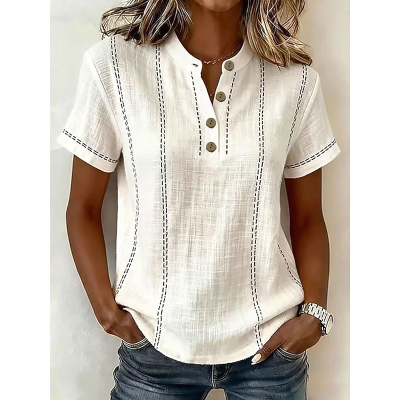 Women's Cotton Linen Shirts Blouse Graphic Striped Vintage Stylish Basic Short Sleeve V Neck Regular Tops Casual Daily Blue White Pink Green Summer Sp