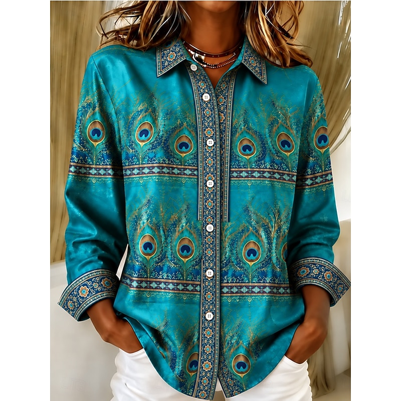 Women's Shirt Buttons Print Geometric Color Block Elegant Daily Stylish Long Sleeve Shirt Collar Regular Tops Casual Daily Work Blue White Black Pink