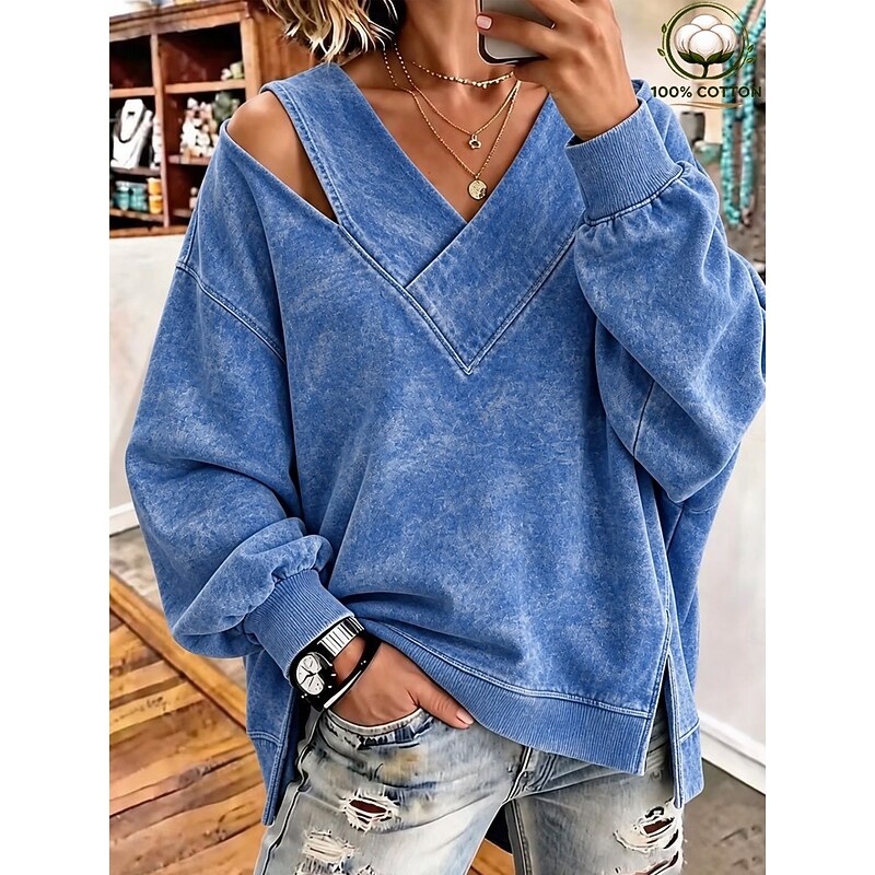 Women's Washed Cotton 100% Cotton Pullover Hoodie Sweatshirt Vintage Western Casual Long Sleeve V Neck Regular Tops Casual Home Street Blue Black Red