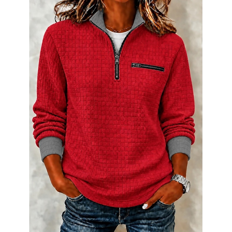 Women's Waffle Polo Shirts Zipper Solid Color Bohemia Active Vacation Long Sleeve High Neck Regular Tops Casual Daily Holiday Red Light Purple Summer