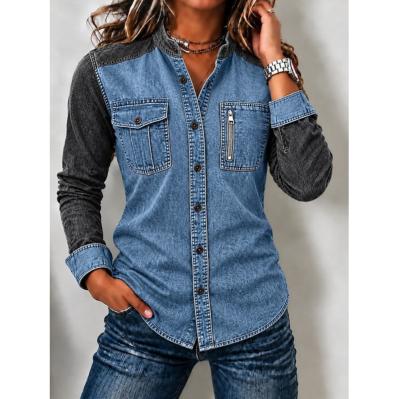 Women's Denim Shirt Henley Shirt Patchwork Zipper Plain Vintage Fashion Stylish Long Sleeve Stand Collar Regular Tops Casual Blue Khaki Red Spring Fal