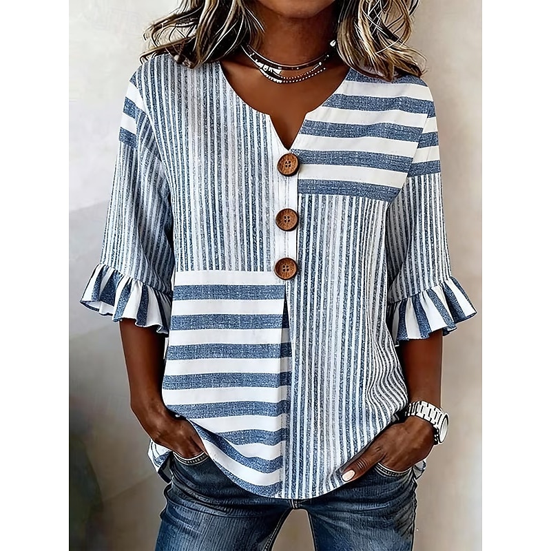 Women's Shirt Boho Shirt Casual Shirt Graphic Striped Elegant Bohemia Active 3/4 Length Sleeve V Neck Long Tops Casual White and Blue black+white+gree