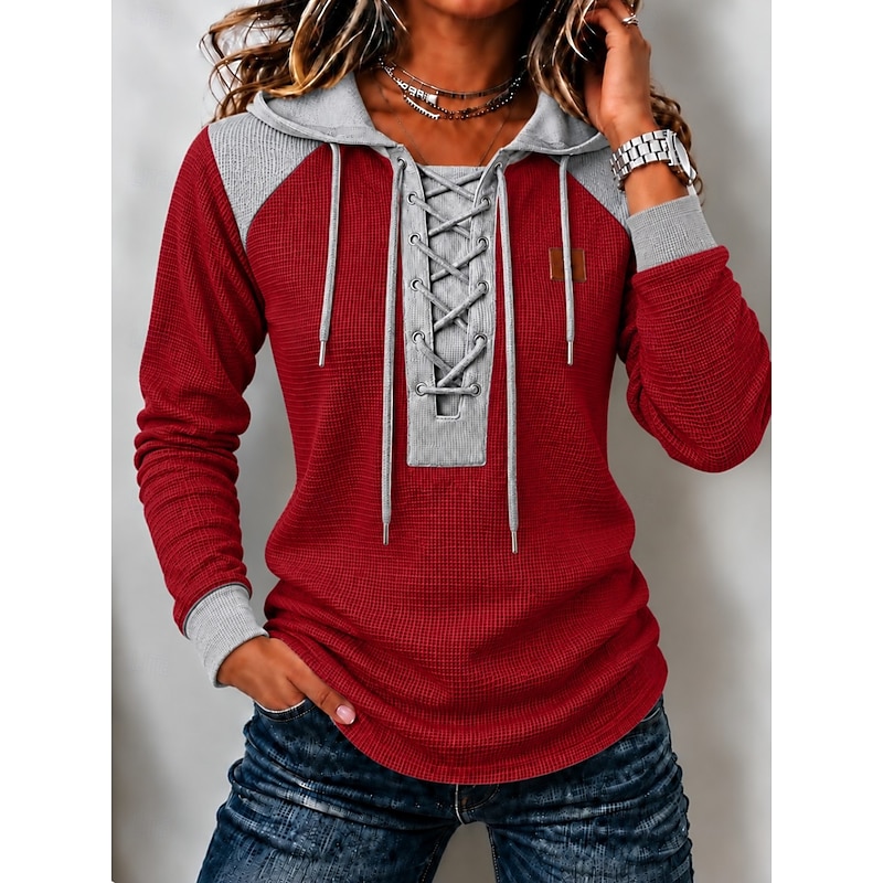 Women's Waffle Polo Shirts Drawstring Solid Color Bohemia Active Vacation Long Sleeve Hooded Regular Tops Casual Blue White Yellow Red Spring Fall Win