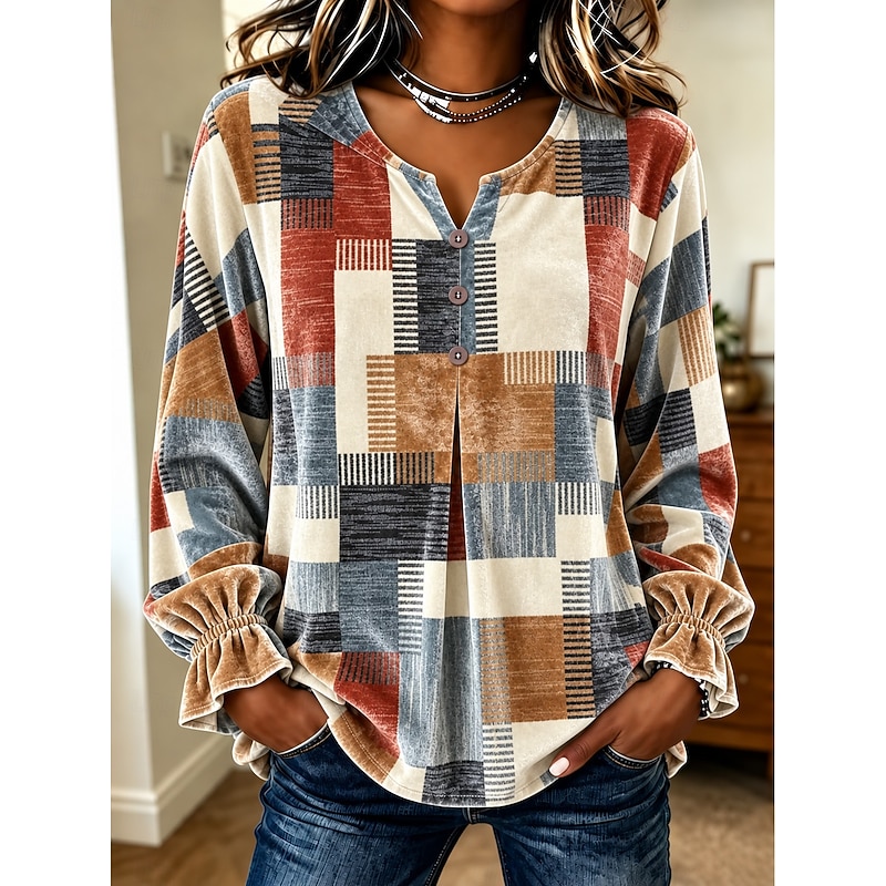 Women's Velvet Shirt Geometric Plaid Color Block Elegant Vintage Fashion Long Sleeve V Neck Regular Tops Casual Daily Streetwear Khaki Spring Fall Win