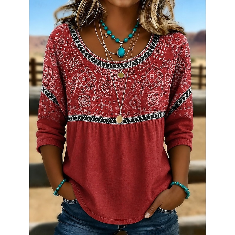 Women's Shirt Eyelet Top Casual Shirt Patchwork Buttons Print Elegant Bohemia Vacation Long Sleeve Crew Neck Regular Tops Casual Blue Light Green Red