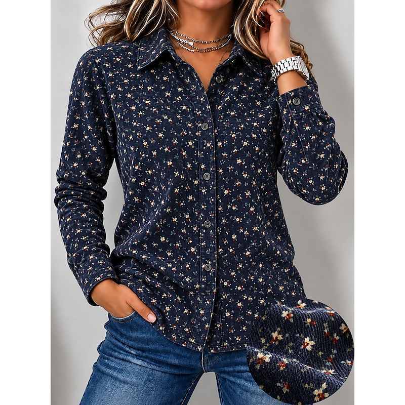 Women's Corduroy Shirt Ombre Floral Elegant Vintage Long Sleeve Regular Tops Casual Blue Red Fall Winter 2026 - $37.99