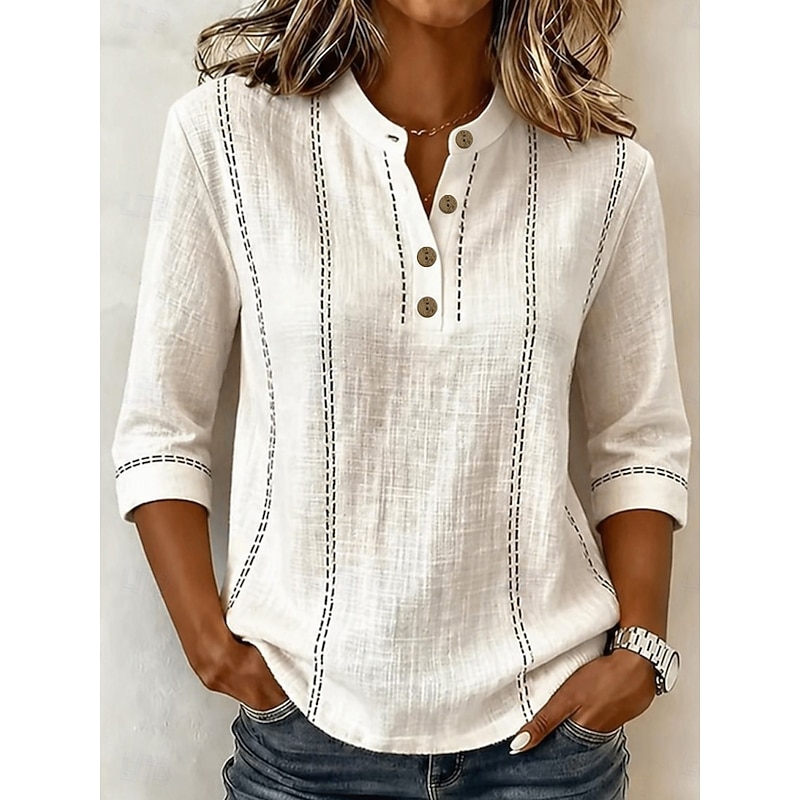 Women's Shirt Cotton Linen Shirts Vacation Vintage Daily Stand Collar Long Tops Casual Daily Work Blue Pink Beige Summer Spring 2026 - $28.99