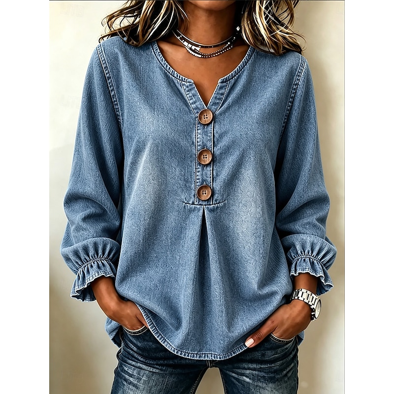Women's Denim Blouse Denim Shirt Blouse Solid Color Plain Casual Long Sleeve V Neck Regular Tops Casual Blue Brown Gray Spring Fall 2026 - $33.99