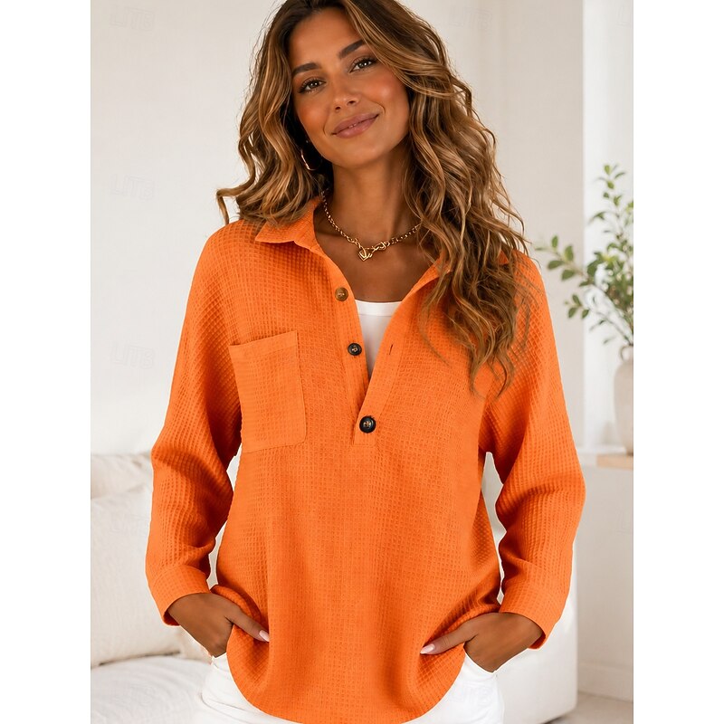 Women's Waffle Polo Shirts Plain Stylish Casual Long Sleeve Crew Neck Regular Tops Casual Daily Orange Green Rose Pink Spring Fall 2026 - $31.99