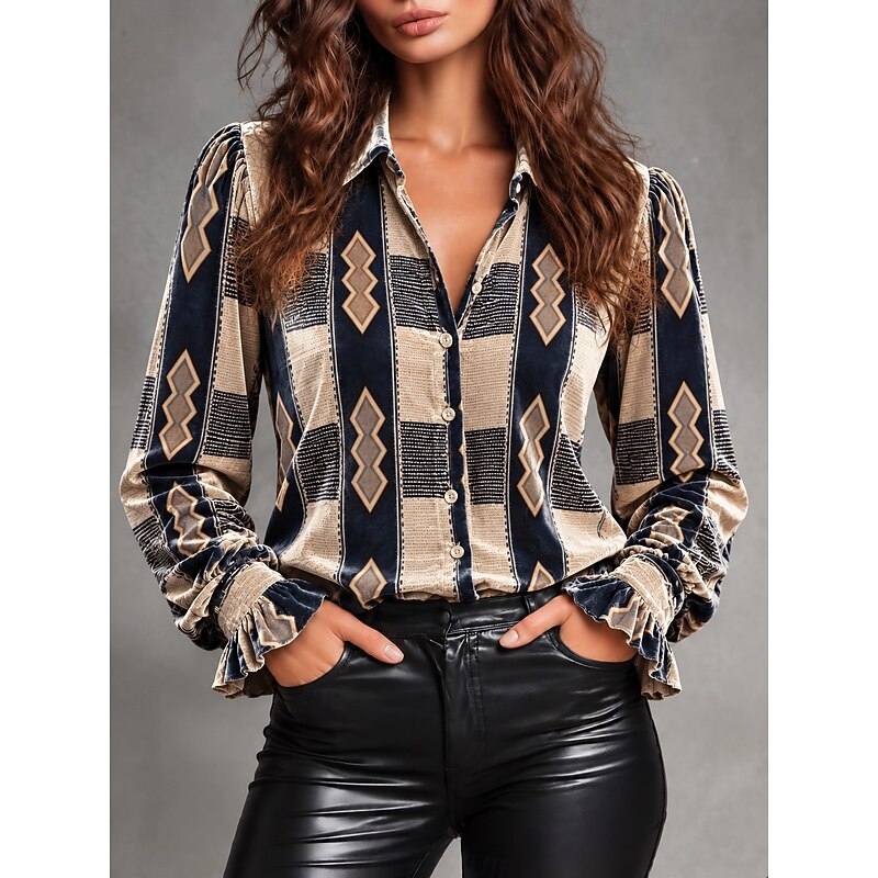 Women's Velvet Shirt Floral Graphic Geometric Elegant Stylish Modern Long Sleeve Shirt Collar Regular Tops Casual Daily Work White Black And White Whi