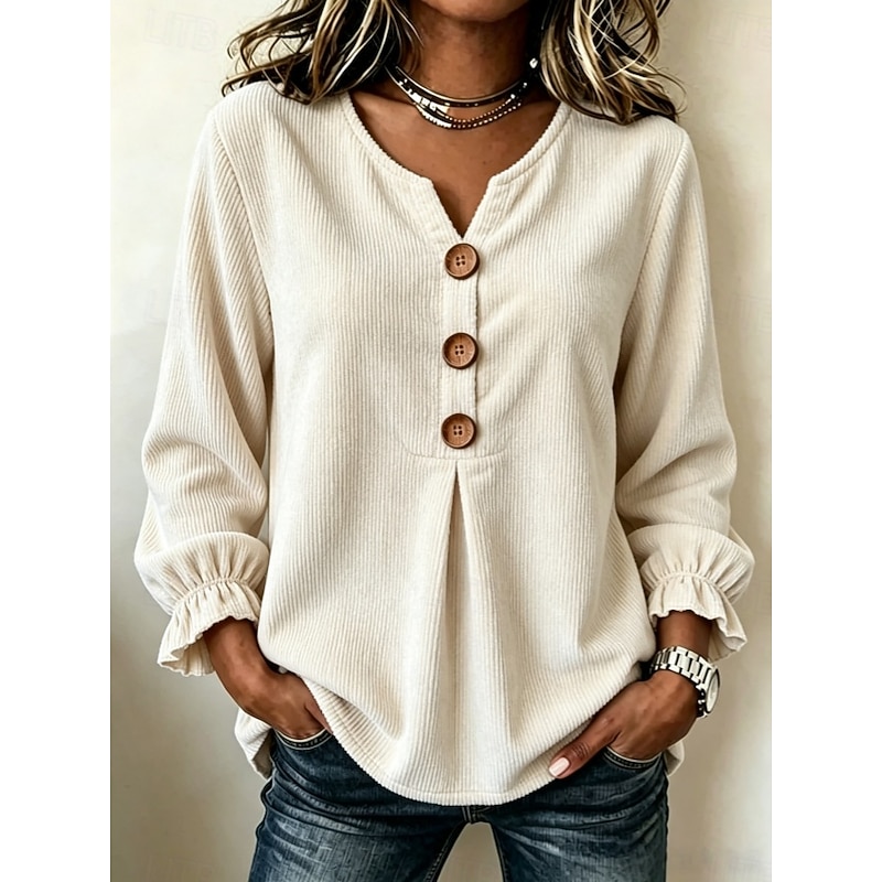 Women's Corduroy Shirt Blouse Ruffle Blouse Solid Color Plain Casual Long Sleeve V Neck Regular Tops Casual claret off white Black Pink Sky Blue Sprin