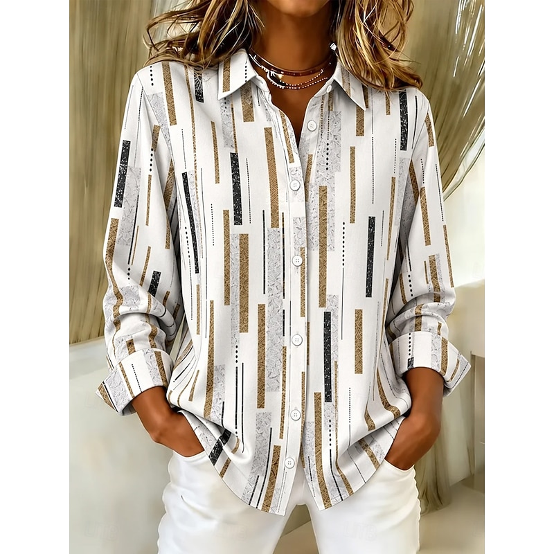 Women's Blouse Buttons Print Graphic Geometric Stylish Classic Modern Long Sleeve Shirt Collar Regular Tops Casual Daily Holiday White Pink Green Spri