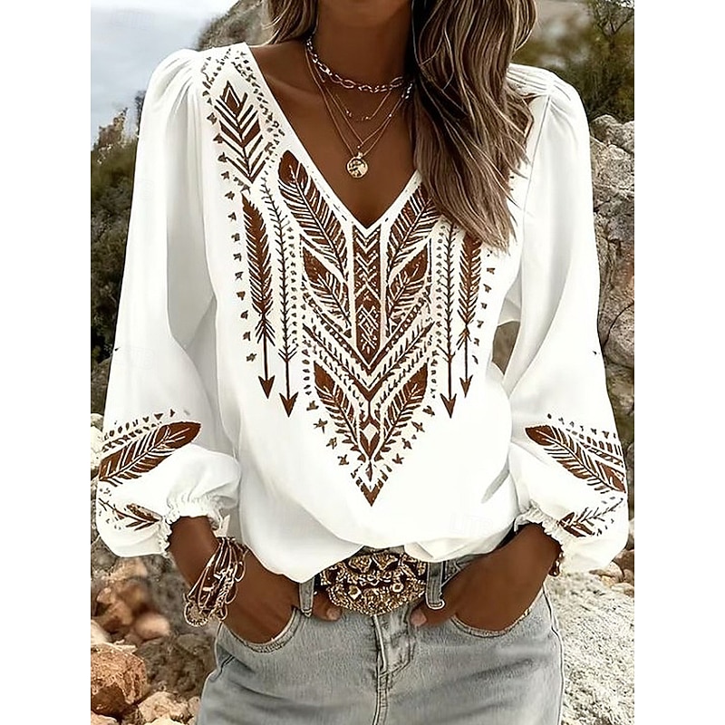 Women's Shirt Graphic Geometric Paisley Bohemia Vacation Vintage Long Sleeve V Neck Regular Tops Daily Holiday Going out Blue White Navy Blue Light Br
