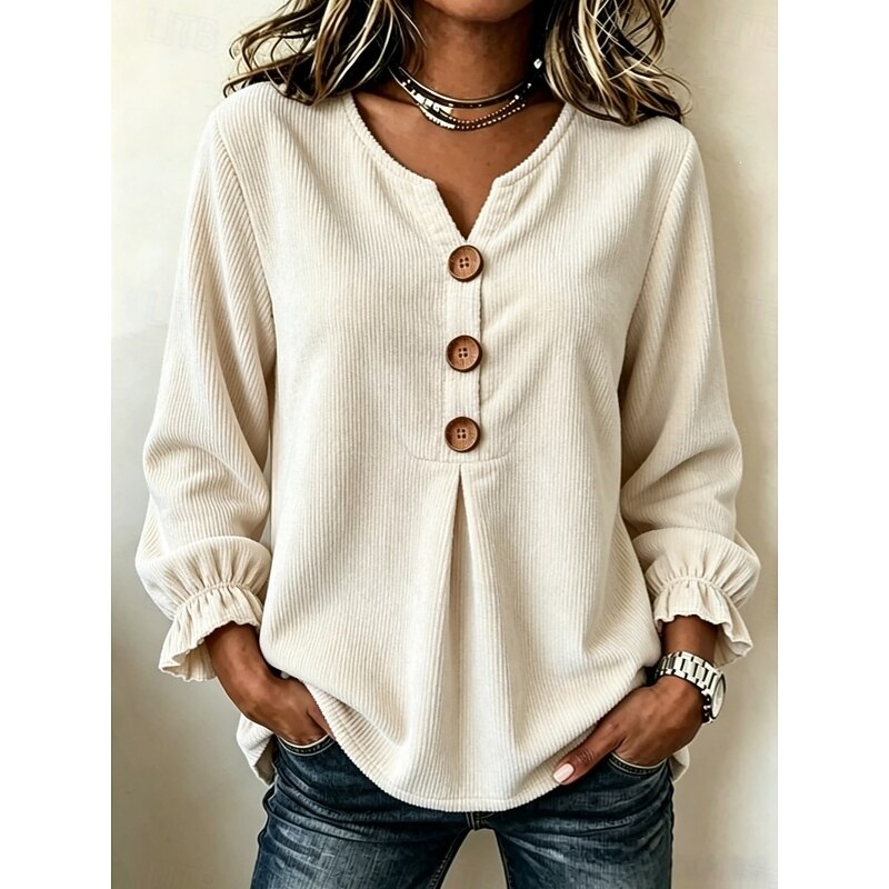 Women's Corduroy Shirt Dressy Tops Frill Blouse Patchwork Vintage Stylish Casual Long Sleeve Ruffle Sleeve V Neck Regular Tops Casual Party Holiday Na