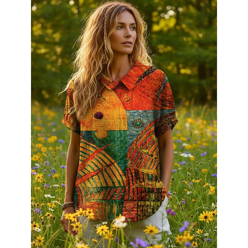 Women's Blouse Buttons Print Graphic Geometric Bohemia Vacation Vintage Short Sleeve Texture Fabric Shirt Collar Regular Tops Daily Holiday Going out
