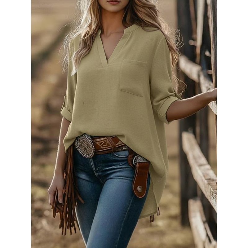 Women's Cotton Linen Shirts Summer Tops Blouse Dressy Tops Ruched Patchwork Pocket Solid Color Plain Elegant Vintage Ladies 3/4 Length Sleeve Shirt Co