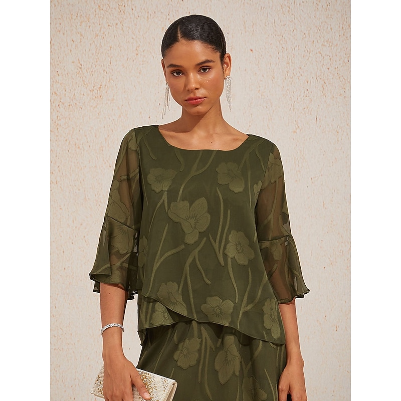 Women's Lace Shirt Blouse Dressy Tops Chiffon Tops Asymmetric Hem Solid Color Floral Flower Elegant Stylish 3/4 Length Sleeve Bell Sleeve Boat Neck Re