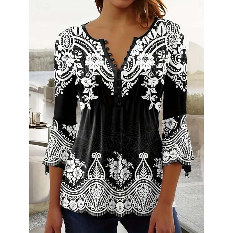 Women's Tunic T Shirt Graphic Elegant Vintage 3/4 Length Sleeve Notched Neck Regular Tops Daily Going out Ruffle Buttons Black Spring Fall 2026 - $28.