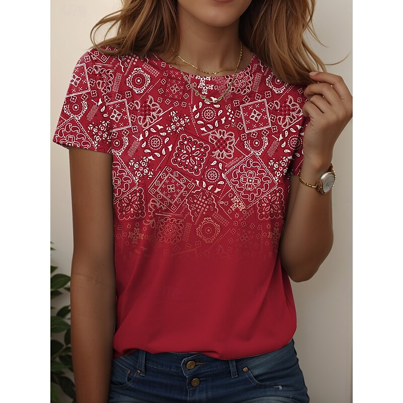 Women's T Shirt Print Floral Graphic Vintage Stylish Casual Short Sleeve Round Neck Regular Tops Daily Weekend Blue Yellow Red Light Blue Summer Sprin